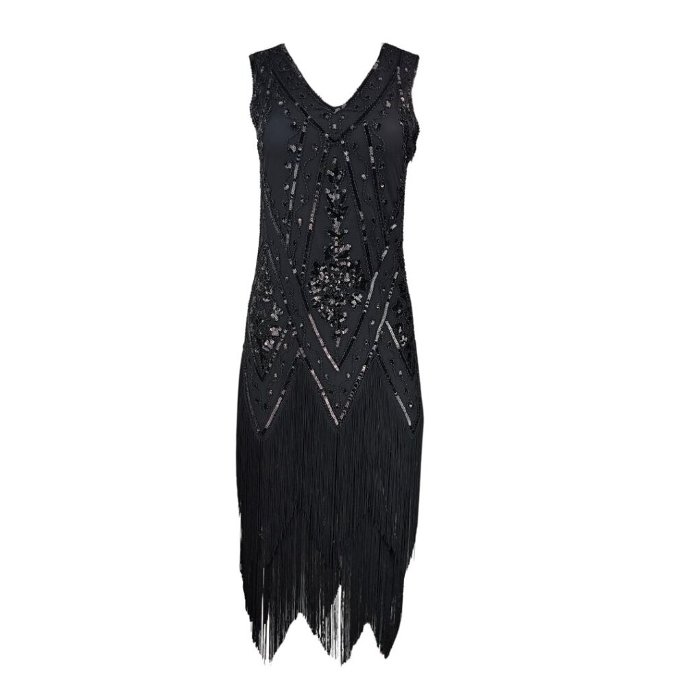 Black Beaded Flapper Dress with Fringe Hem